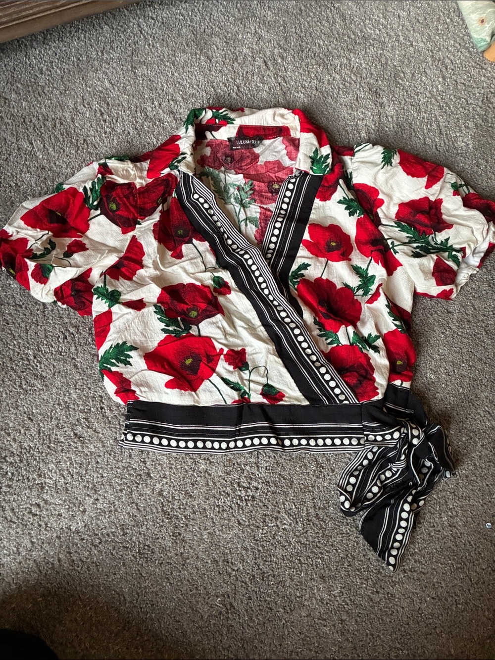 Lulumari White Top with Red floral Print and Black Trim